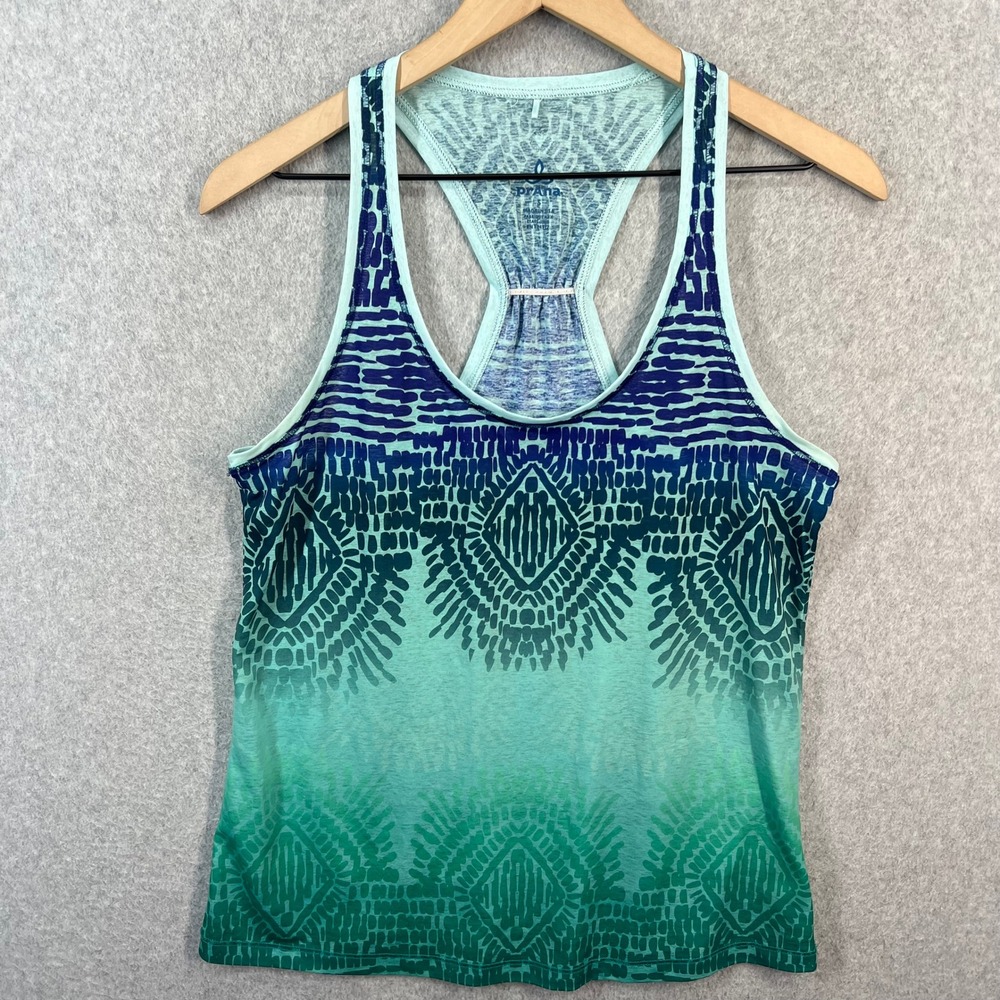 Prana Womens Teal‎ Green Ombre Geometric Racerback Yoga Tank Top Size S